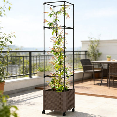 Lit de jardin surélevé auto-arrosant avec treillis mobile 2 en 1 et cage de plante réglable, l 15,7 po x P 16,5 po H, boîte à fleurs avec limite de poids de 44 lb, polypropylène brun, cage de rangement rapide pour lit, 15 po
