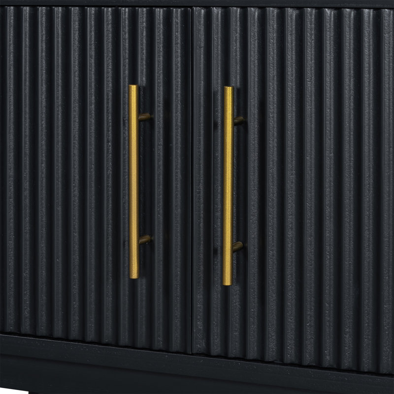 Meuble télé élégant avec portes à rayures verticales, conception de porte coulissante peu encombrante, pieds robustes, polyvalent comme meuble télé ou armoire d'appoint