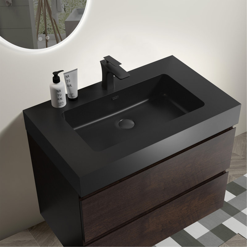 Meuble-lavabo élégant avec conception murale et lavabo intégré offrant style et fonctionnalité., Noyer