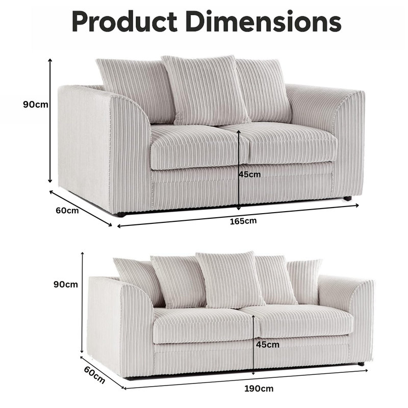 Soft Fabric Jumbo Cord 3 and 2 Seater Upholstered Living Room Sets, Cream