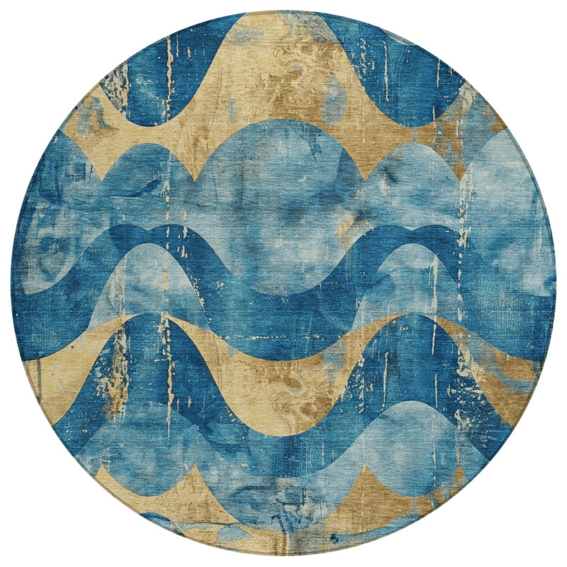 Machine Washable Indoor/Outdoor Xhevrie Teal Rug, Round 8'