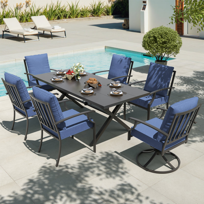 Ensemble de salle à manger 7 pièces en métal avec table en X, 4 chaises empilables et 2 chaises pivotantes, Marine