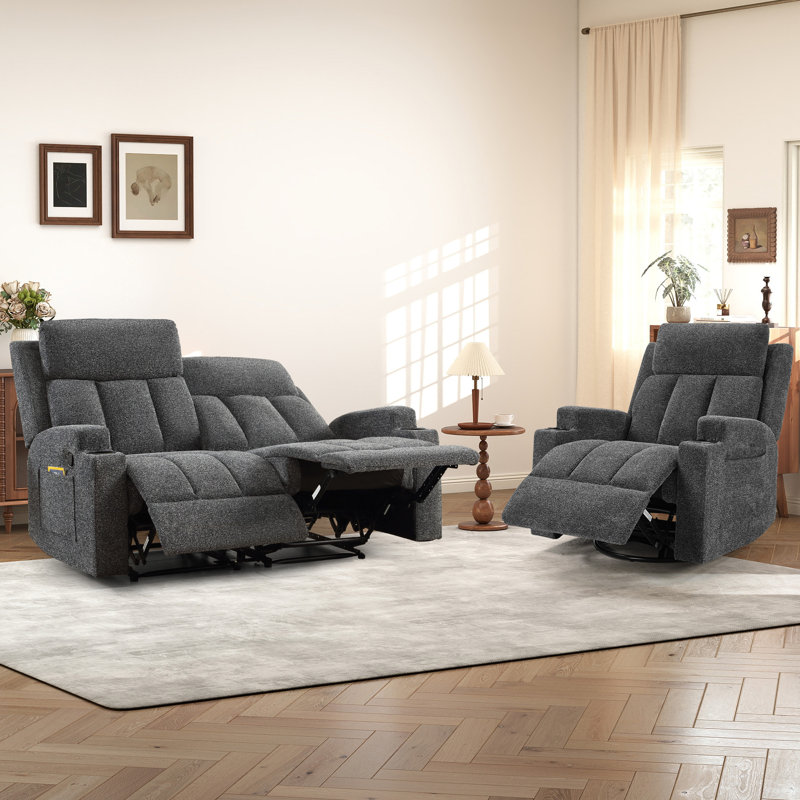 Ensemble de salon inclinable manuel moderne, 2 pièces: causeuse, fauteuil, Gris foncé
