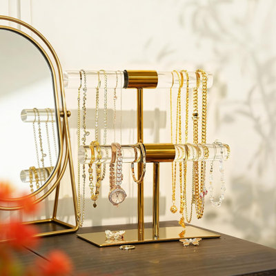Display Stand Acrylic Jewelry Towers ， Stainless Steel Long Necklaces Stand 2 Tier Crystal Tabletop Jewelry Organizer Home Decor For Store Boutique Vendors