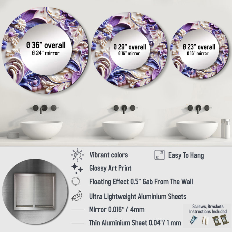 Richar Purple Lavender Persian Paisleys - Paisley  Large Wall Mirror, Purple Decorative Mirror, Printed Metal Art, Round