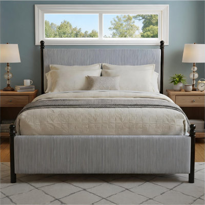 Upholstered King Bed Luxury High Headboard Solid Rubberwood Frame, Sleek Black and Blue White Striped Upholstery, 48-Inch Tall Headboard