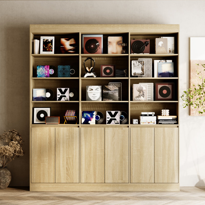 78.7" H Large Media Shelf Unit With 12 Open Shelves & 3 Cabinets, Wood Grain 