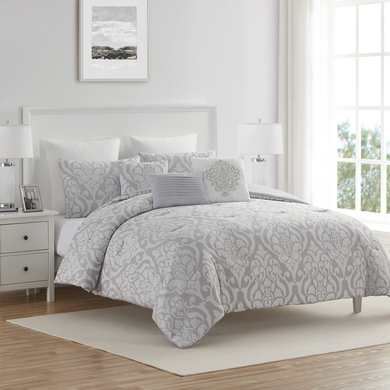 Ensemble d'édredon en jacquard damassé gris 8 pièces VCNY Home Madelyn, Ensemble d'édredon grand + 8 pièces