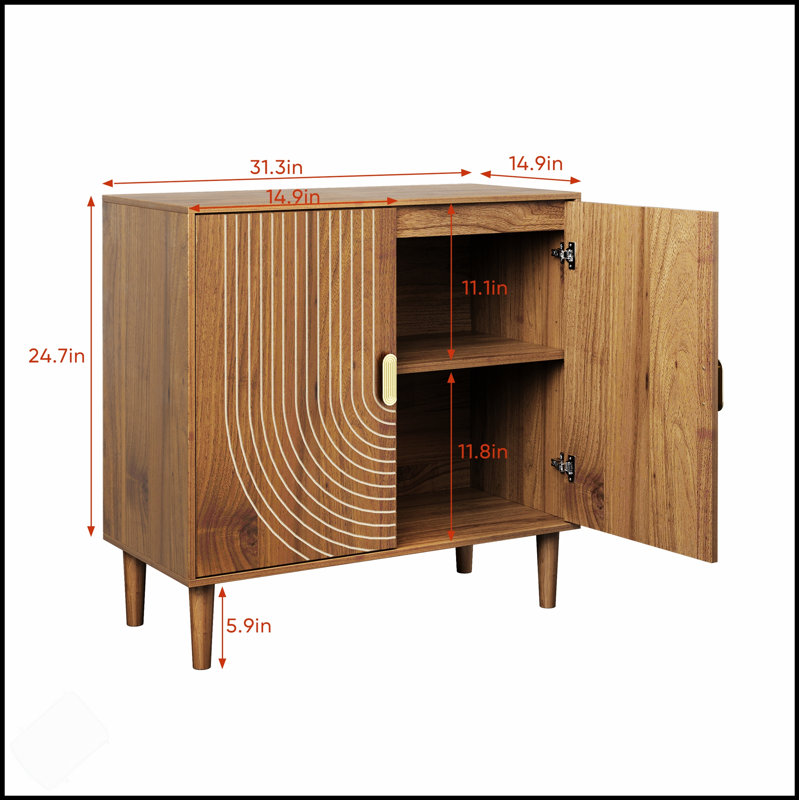 Walnut Wood Buffet Cabinet With Line Groove Design, Multifunctional Storage For Living Room And Entryway