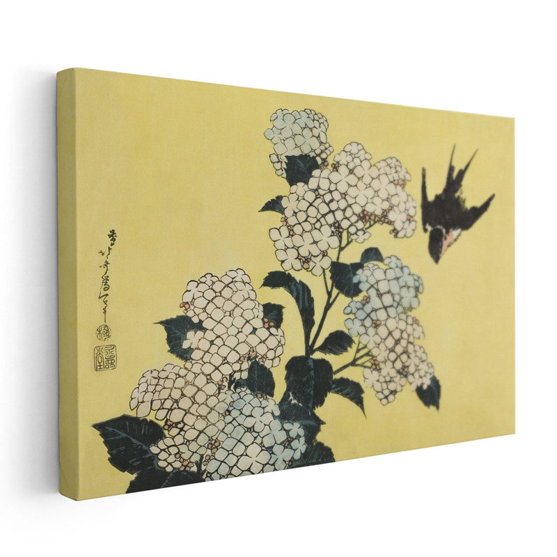 Hortensia et hirondelle, 1832 - reproduction d'art sur toile, H 32 po x l 48 po