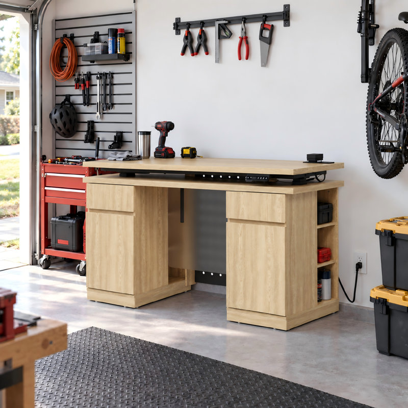Établi de garage électrique à hauteur réglable 54,3 po avec armoires de rangement, panneau perforé, lumière DEL et station de charge - chêne naturel