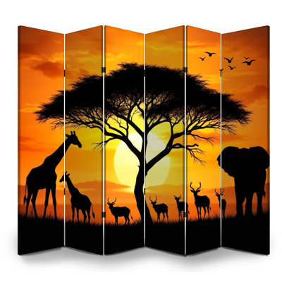 Cloison pliante 6 panneaux paravent Royal African Savannah Wildlife Silhouettes Acacia Sunset Sky Toile écran chaud Séparateur de pièce Cloison de protection autoportante Cloison d'intimité