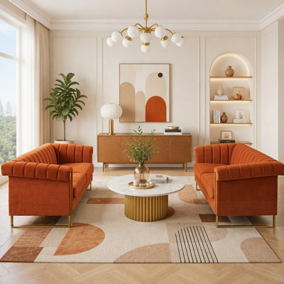 Luxury Velvet 2-Piece Sofa Set with Gold Legs and Channel Tufted Back for Modern Living Rooms