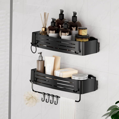 Organisateur de panier de douche à ventouse avec barre à serviettes et crochets amovibles, tablette de salle de bain sans perçage pour la douche et la cuisine, adhérence robuste