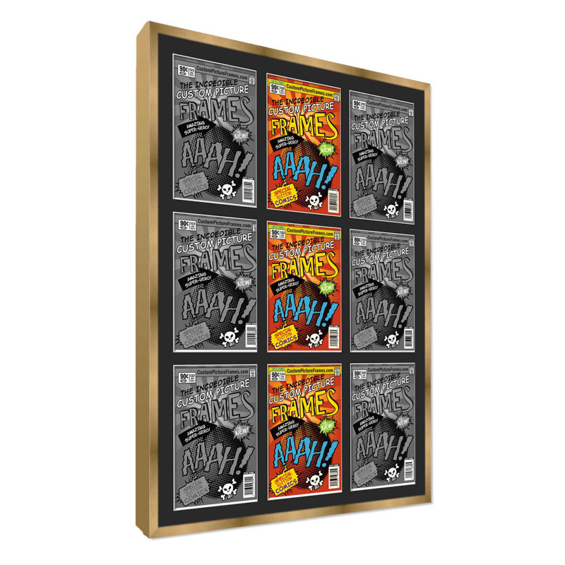 9 tapis de cadre 9 bandes dessinées pour afficher 9 bandes dessinées UV UV, support et matériel de suspension, Or / noir