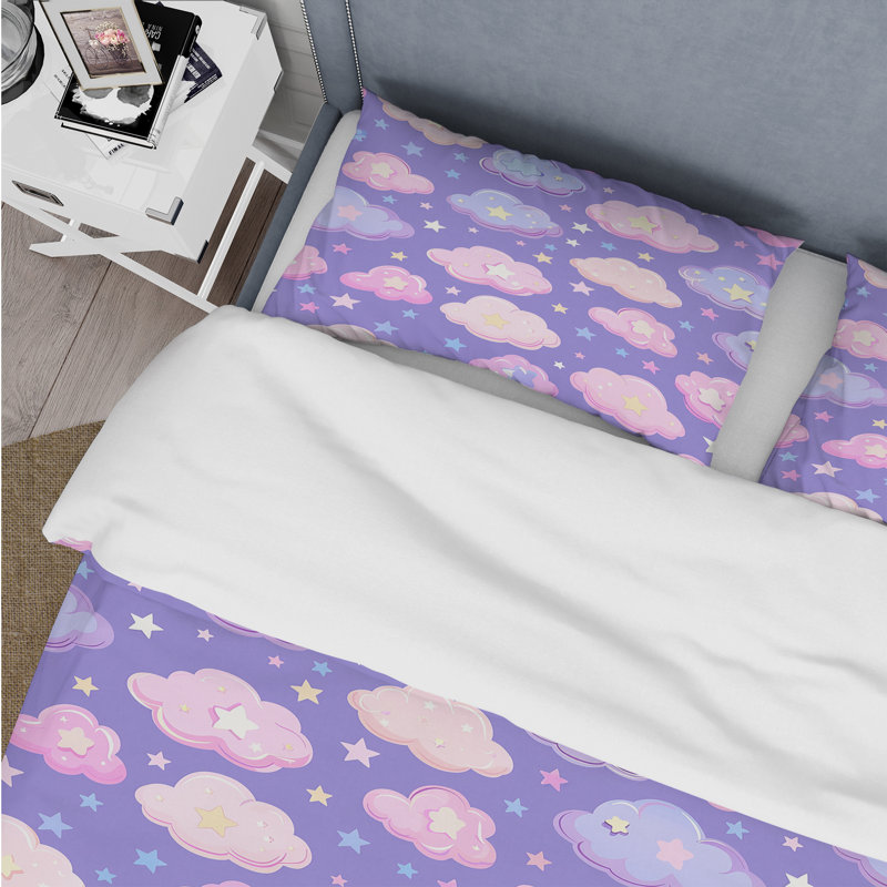 Ensemble de housse de couette rose et mauve en coton Candy Dreams II, Housse de couette simple et deux taies décorative