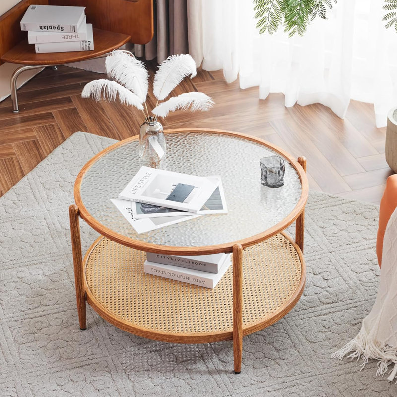 Table ronde 30,71 po à double couche ronde en verre ondulé et en rotin PE assortie à une table basse avec cadre en fer à grain de bois à transfert de chaleur