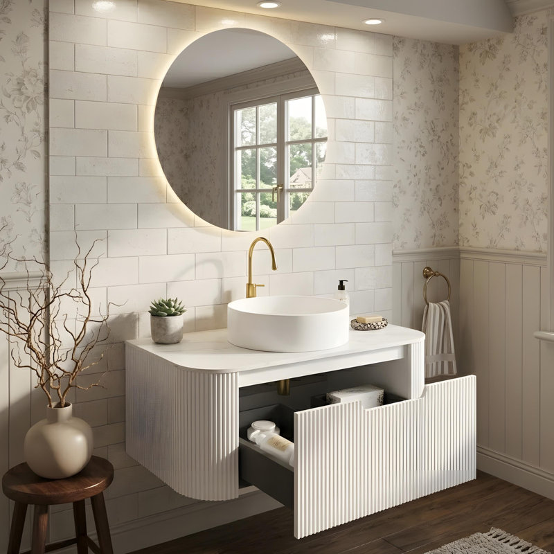 Meuble-lavabo avec tiroirs, lavabo rond en céramique blanche et comptoir en pierre frittée, 30"