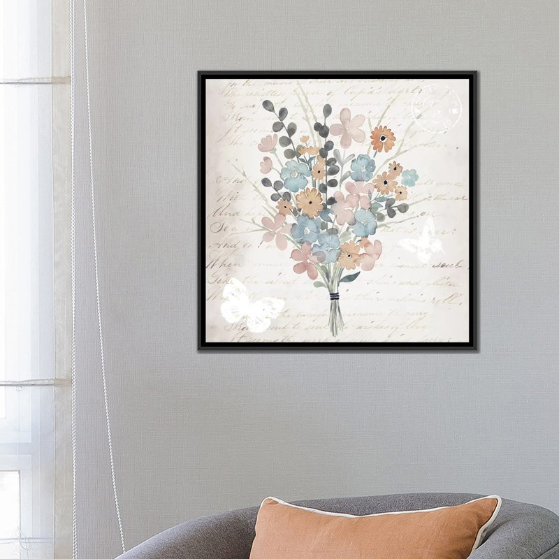 «Fleurs Pastel II», reproduction sur toile, H 18 po x l 18 po x P 1,5 po, Toile avec cadre noir, Pas de tapis