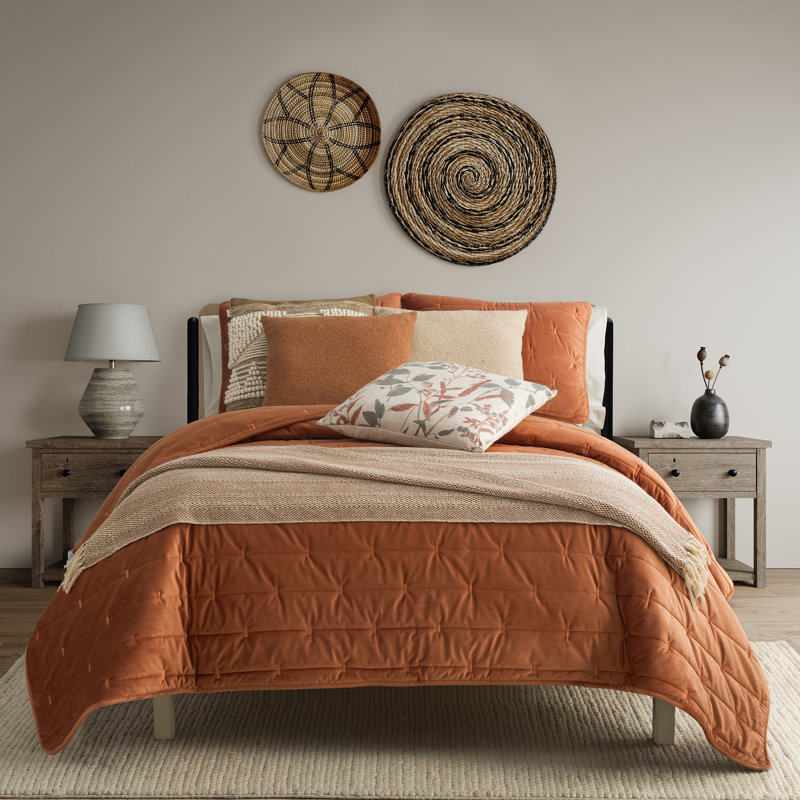 Indigo Road by Egypt Sherrod Malone Luxe Channeled Velvet Quilt Set, Queen Quilt + 2 Shams, Orange