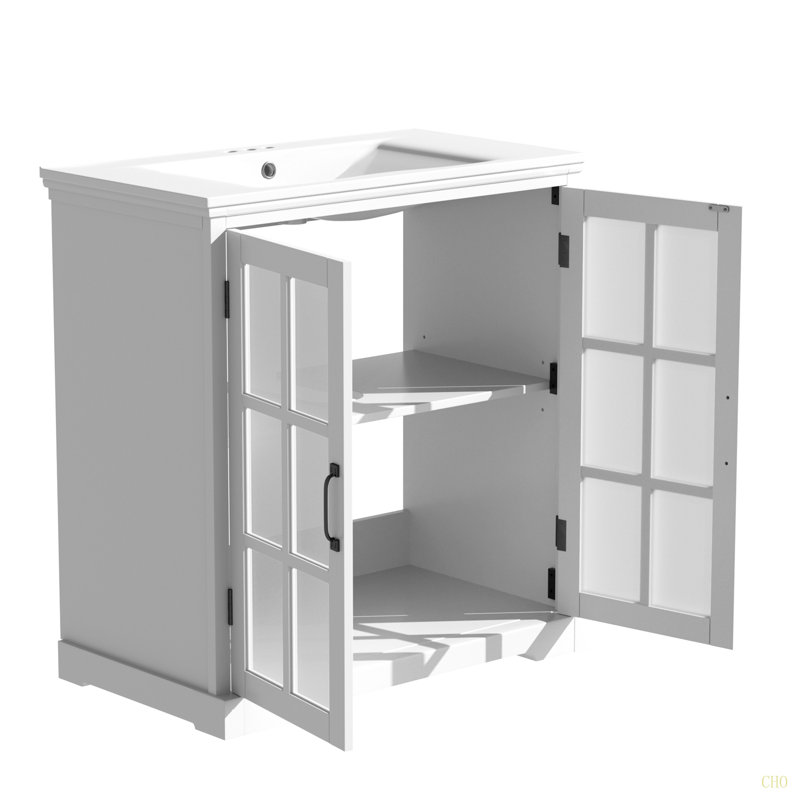 Meuble-lavabo moderne de 30 po avec lavabo en céramique, meuble-lavabo avec verre Tempe Blur et poignées mates, équipé d'un grand espace de rangement et d'un cadre en bois d'hévéa