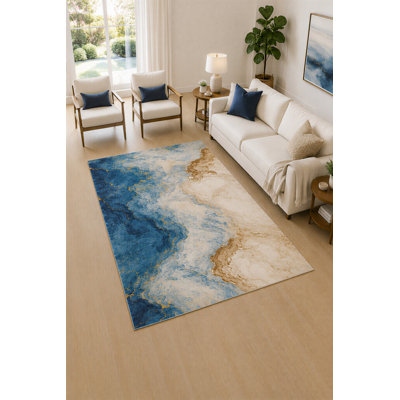 Tapis bleu océan et beige à motif de veines de mer ultra léger 5 pi x 7 pi pour tapis de salon, tapis doux à poils courts avec envers en silicone antidérapant, décor pour la chambre à coucher et le bureau à domicile