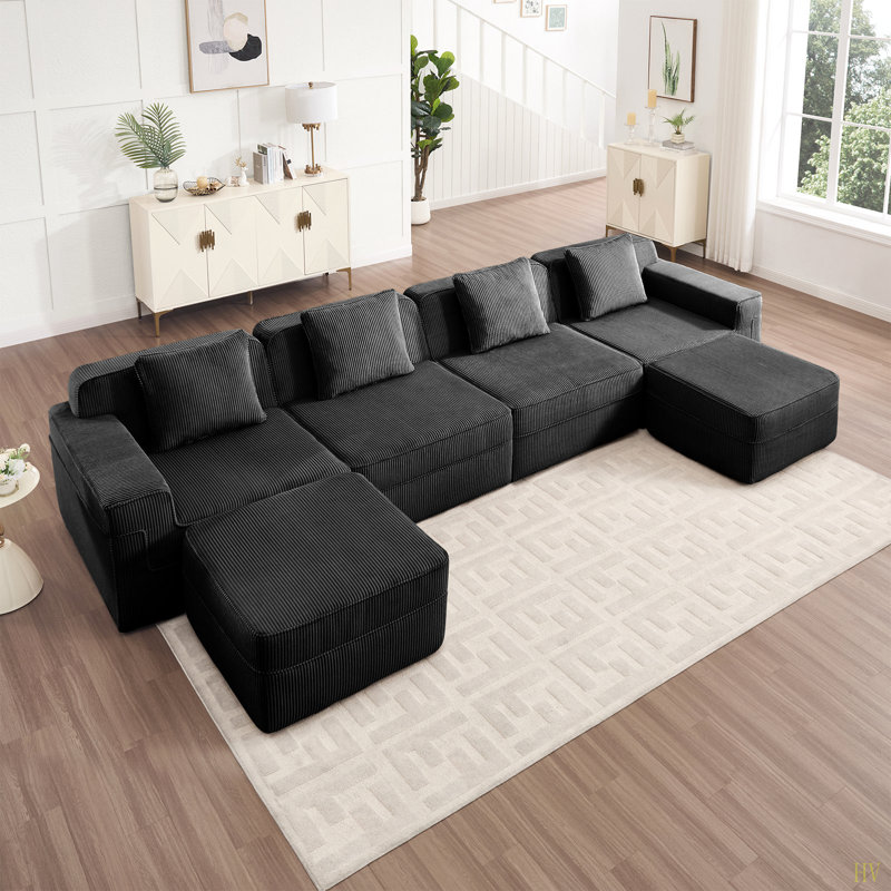 Canapé modulaire modulaire en forme de U sans siège à 4 places, canapé modulaire Cloud avec assise profonde, canapé modulaire moderne à 4 places avec coussins décoratifs et 2 repose-pieds amovibles, tissu en velours côtelé