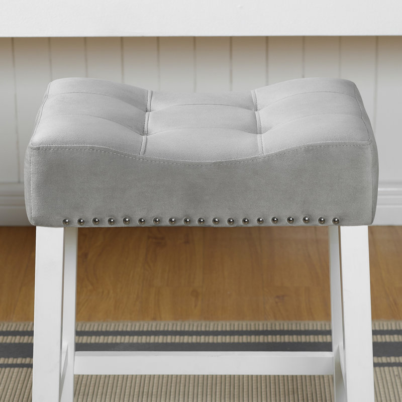 Tabourets de velours à hauteur de comptoir, 2 unités, sièges de selle gris, blanc délavé, tabourets robustes en bois d'hévéa 2 pièces, construction