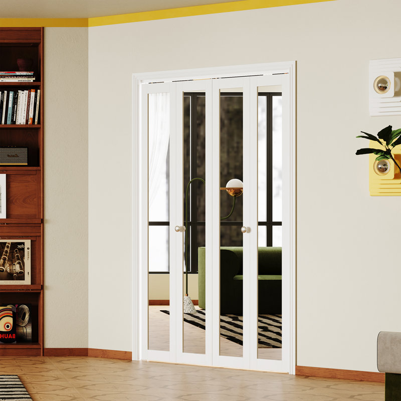 Porte pliante en bois massif non fini avec miroir blanc, 60 po x 80 po