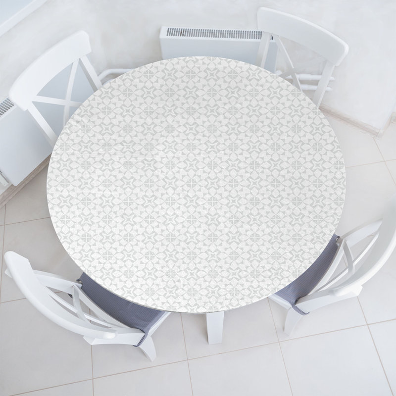 Highland Dunes Geometric Fitted Round Tablecloth Diameter Pale Grey White, Geometric 1, 64.17" Round