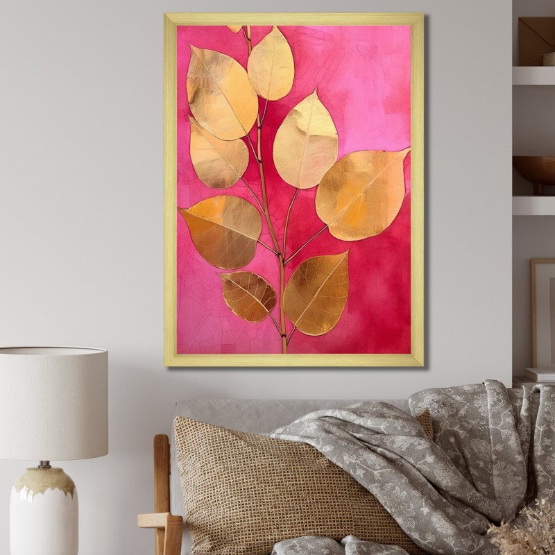 Harmony II feuilles roses et or, Cadre doré à une seule photo, H 44 po x l 34 po x P 1,5 po