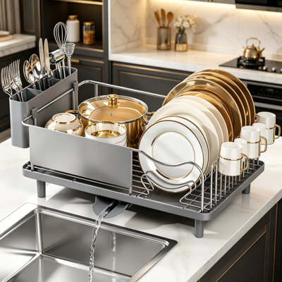 Dish Drying Rack Large Capacity Stainless Steel for Kitchen Counter with Drain Board, Rustproof Dish Drainer