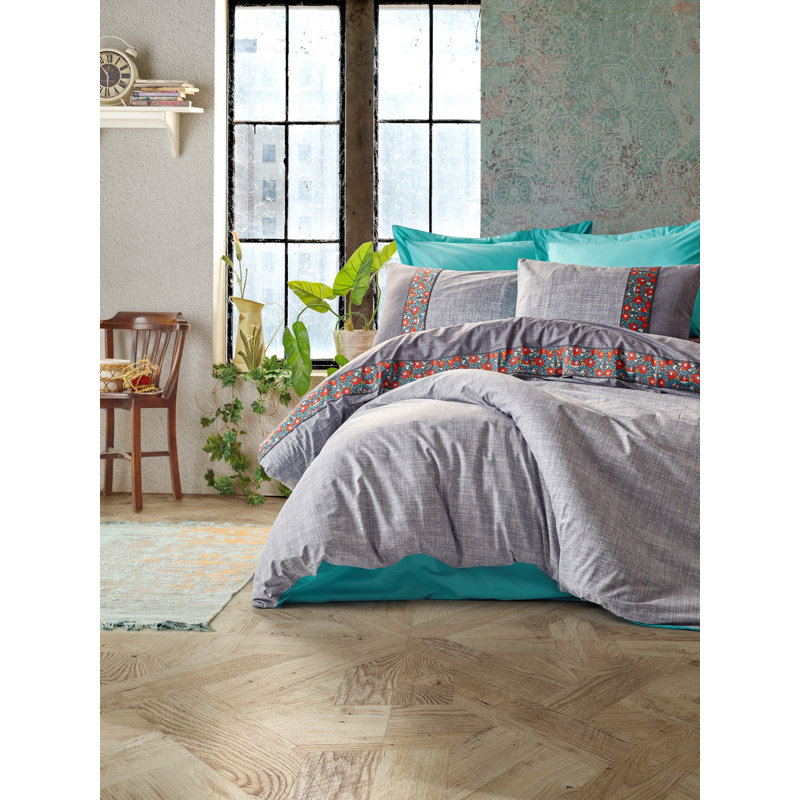 Ensemble de housse de couette 100% coton bleu / gris / rouge 4 pièces Monee