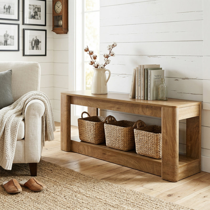 Console de style champêtre de 160 cm avec tablette ouverte, table d'entrée en bois pour couloir et salon