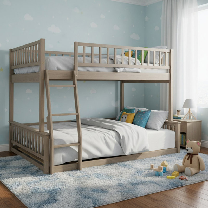 Lit superposé double au-dessus de grand lit en bois massif avec échelle et garde-corps, 2 lits convertibles pour garçons et filles