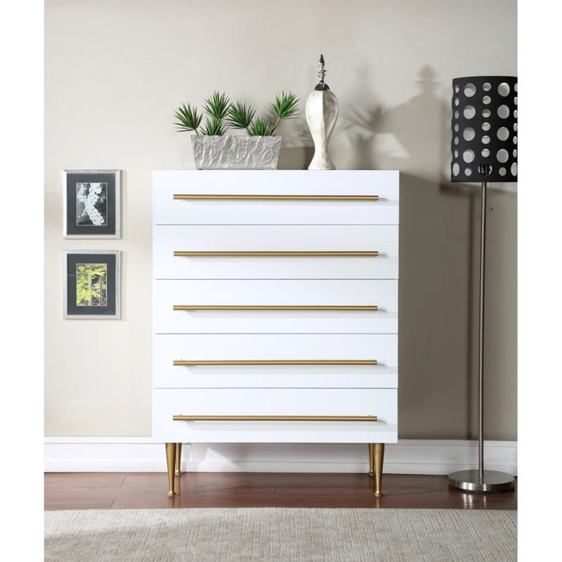 Commode contemporaine à 5 tiroirs avec accents dorés, commode 1 pièce pour chambre à coucher, unité de rangement en bois