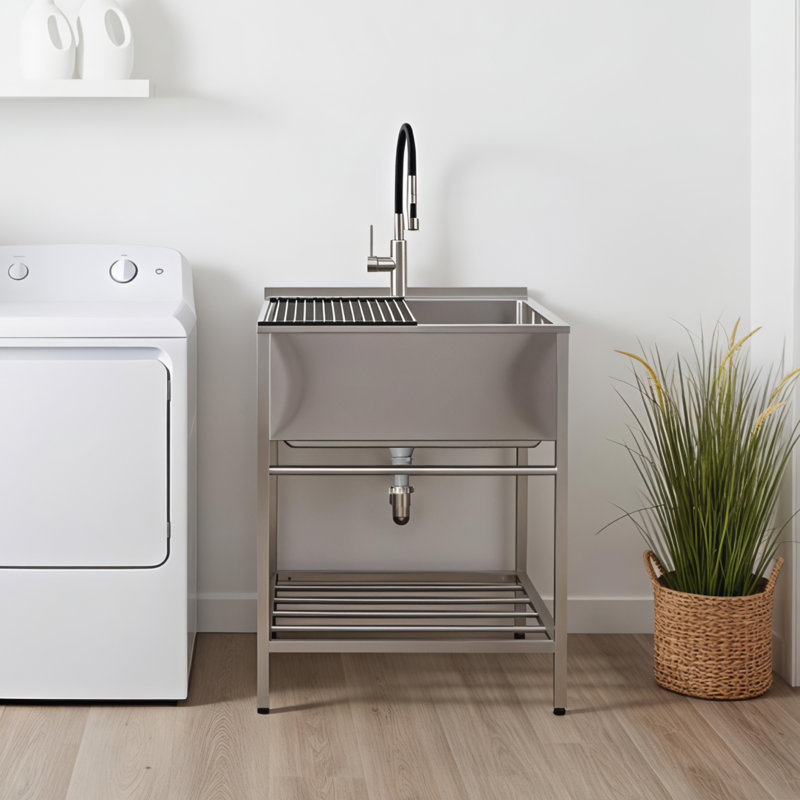 25'' L x 22'' W Freestanding Laundry Sink with Faucet, Brushed Satin