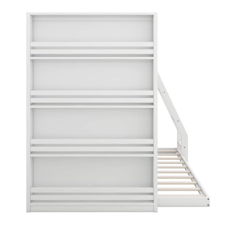 Bunk Bed With Chic Rattan Aesthetics, Bunk Bed Frame With Storage Bookshelf And LED Lighting, White