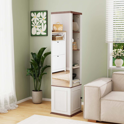 Rotating Storage Cabinet with Full-length Mirror, Open Shelves and Side Hooks
