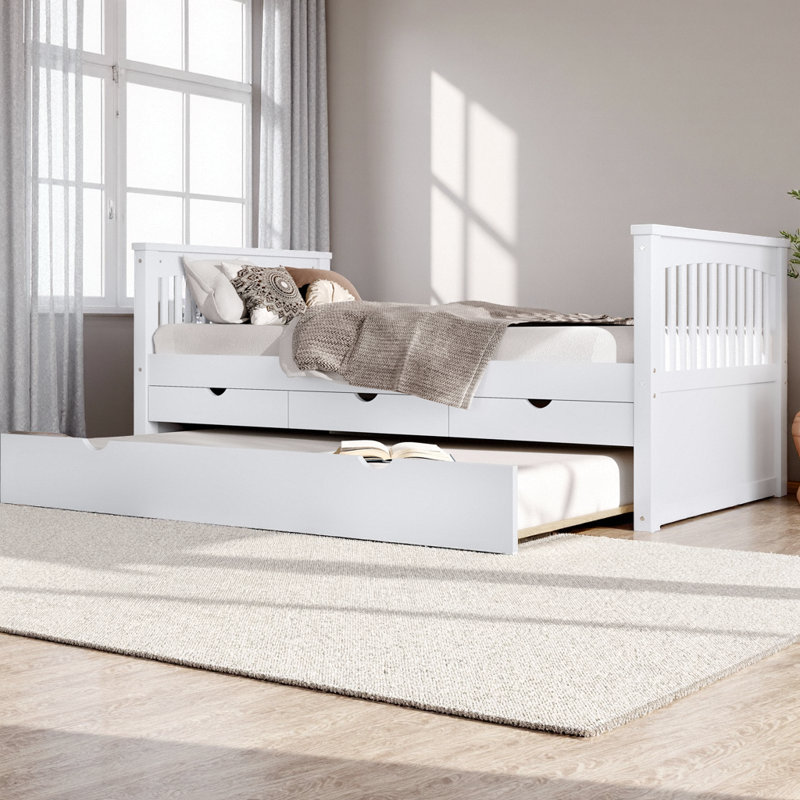 Lit plateforme simple avec tiroirs et lit gigogne, lit de jour avec 3 tiroirs de rangement et lit d'invité coulissant, aucun sommier nécessaire