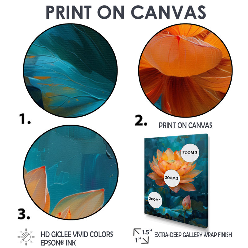 «Vibrant Orange and Blue Lotus Bloom II», impression d'art mural Lotus, Cadre simple noir, H 24 po x l 32 po