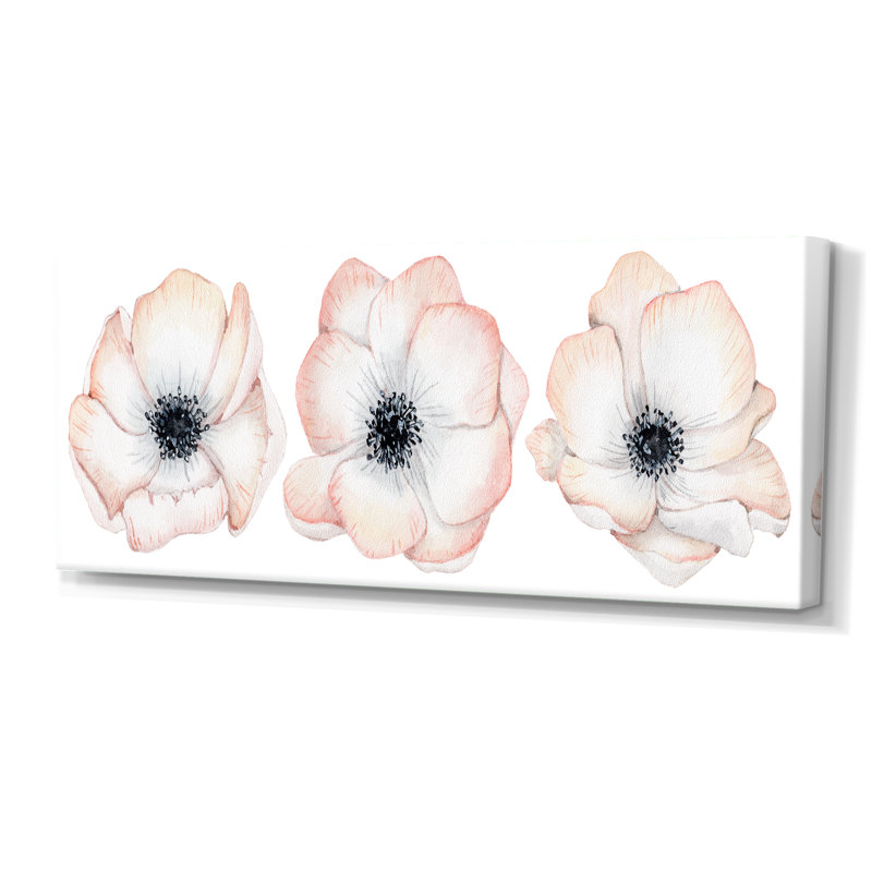 Aquarelle, anémone et fleurs roses - Peinture sur toile, Toile tendue, H 28 po x l 60 po