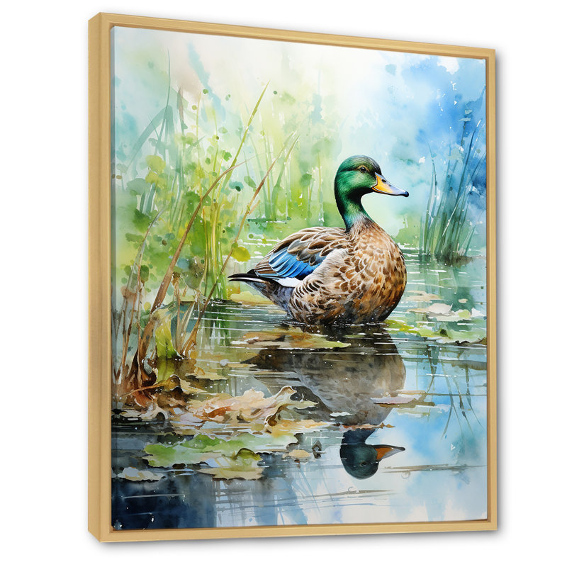 Duck Pond Reflections I - Duck Animal, art mural, Cadre flottant brun, H 20 po x l 12 po