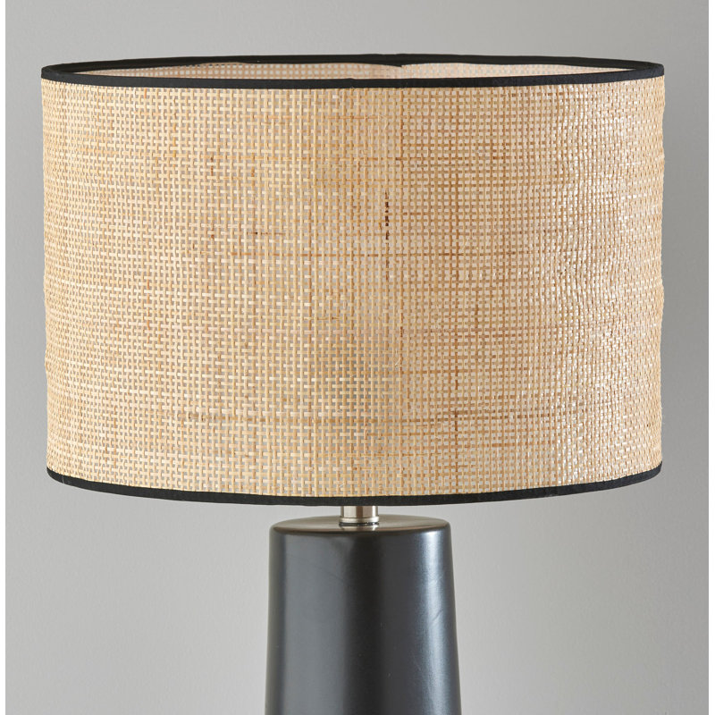 Piazza Ceramic Table Lamp, Black, Natural Rattan w. Black Trim, 30''H x 16''W x 16''D