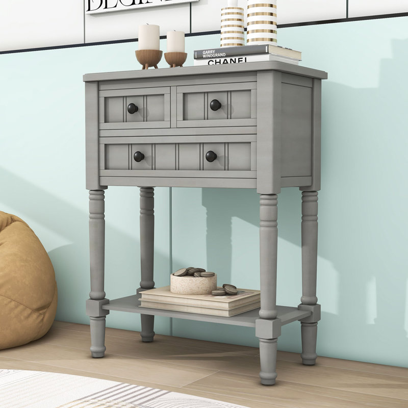 Draga Retro Narrow Console Table with Storage Drawers and Shelf for Living Room, Gray Wash