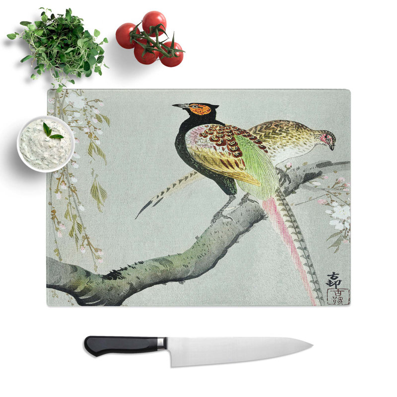 Tempered Glass Pheasants and Cherry Blossom by Ohara Koson Chopping Board, 28.5 cm W x 20 cm L