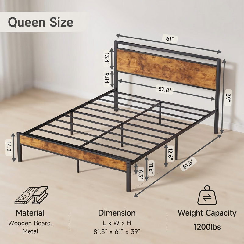 Structure de lit plateforme en métal robuste pour matelas grand, assemblage facile avec tête et pied de lit, support silencieux antidérapant, aucun sommier requis, espace de rangement sous le lit, look moderne