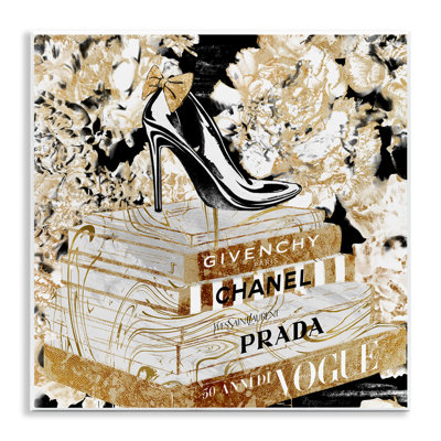 Fashion Heels and Books Black Gold Designer Details by Ziwei Li - Graphic Art Print