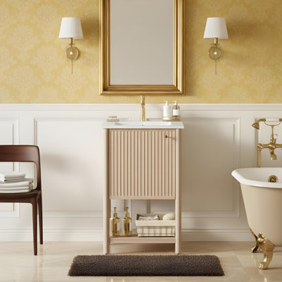 bathroom vanity with ceramic sink and