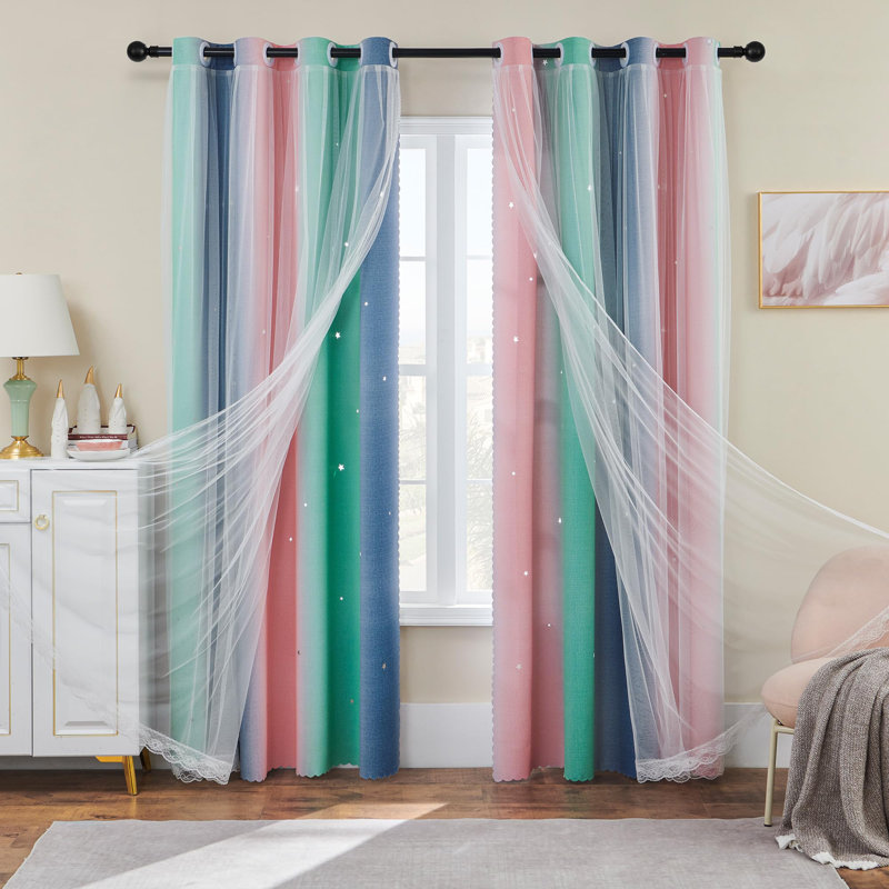 Rideaux arc-en-ciel pour chambre d'enfant - occultant, 1 panneau avec décalcomanies murales licorne, Rose/vert/bleu
